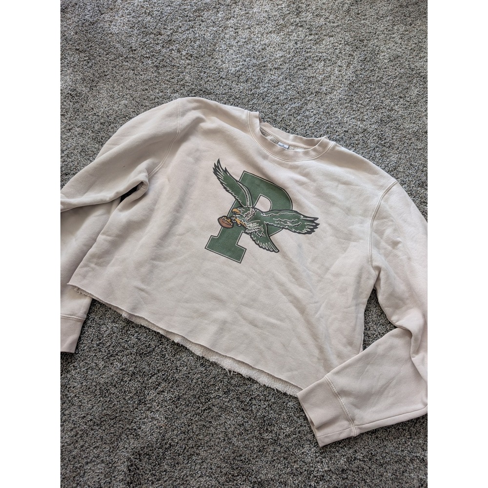 Cropped Crewneck Sweatshirt Graphic Print Eagle "P" Distressed Hem Women's L
